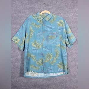 Island Republic Mens Large 100% Silk Blue Green Tropical Leaf Short Sleeve Shirt